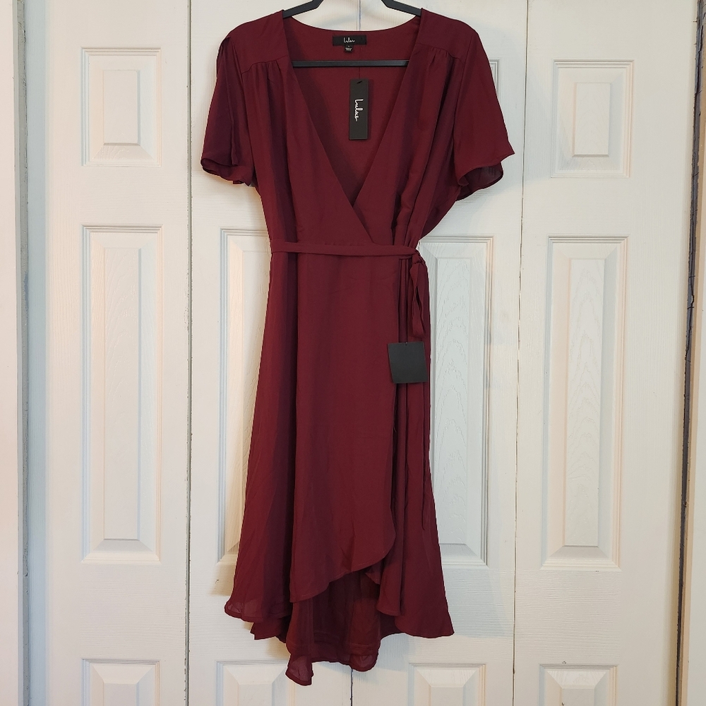 Lulus NWT Maroon Midi Wrap Dress Sheer Slit Short‎ Sleeves Size L